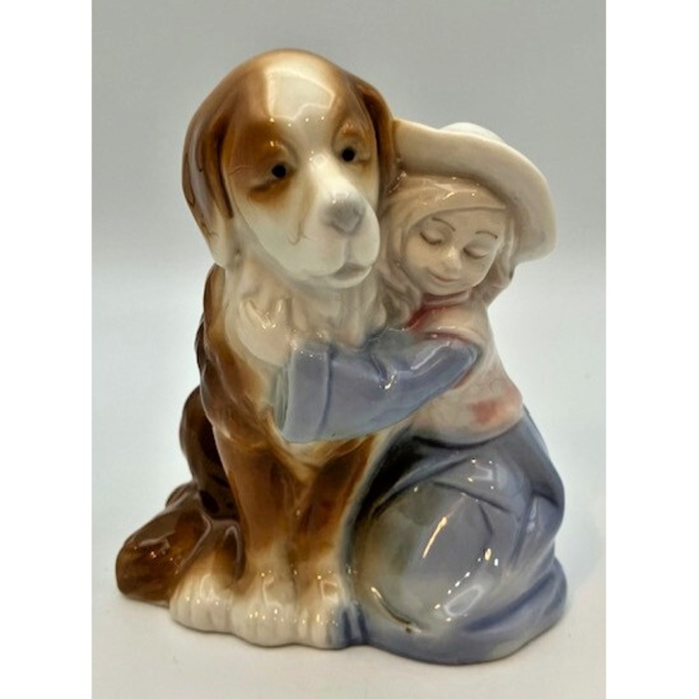 Vintage Ceramic Figurine Little Girl Hugging Her Dog‎ 4.5" Height